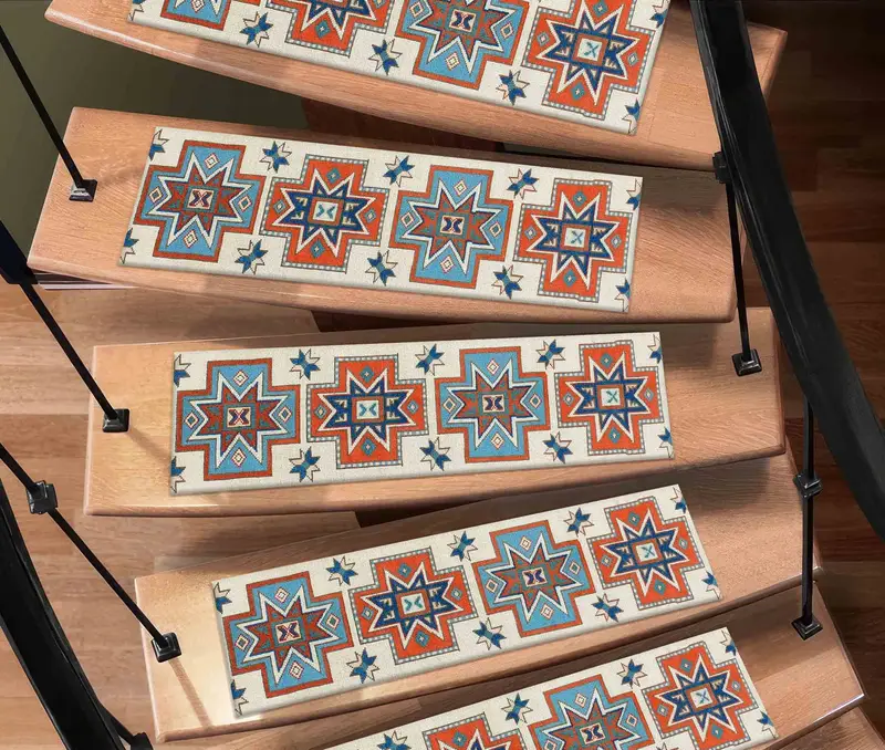 Mavi Etnik Desen Baskılı Halı: Bohem Merdiven Halısı, Navajo Tasarım