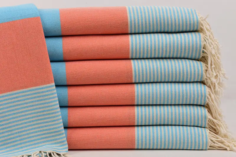 Beach Towel Embroidered Organic Cotton Orange-Turquoise Stripes, 67x40 Inches