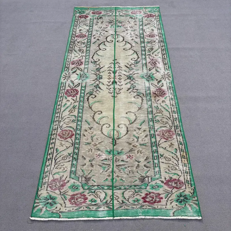 Vintage Area Rug, 3.4x7.9 ft Turkish Rug, Green Bordered Wool Rug - 1