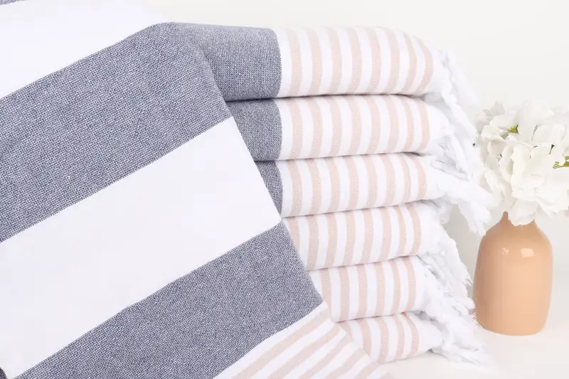 Kişiye Özel Havlu Lacivert-Bej Çizgili Pamuk, 36x67 İnç