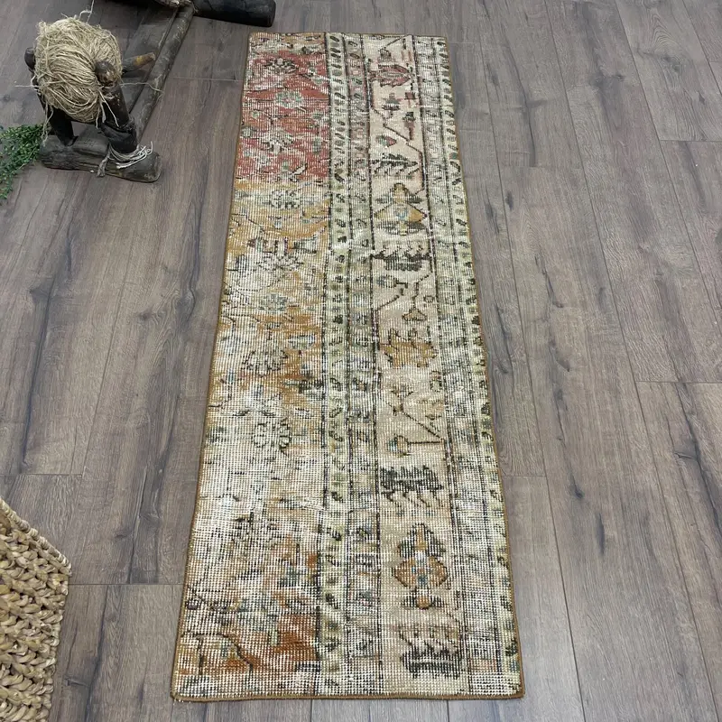 Teppich in Orange und Grün, 1,6 x 5,1 Fuß, geometrisches Blumenmuster