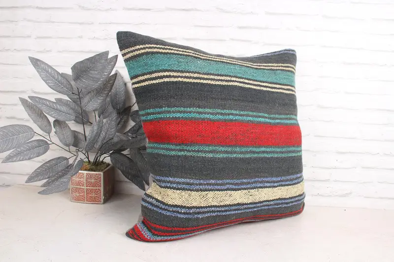Vintage Kilim Pillow, Handmade Kilim Cushion, Handmade Rug Seat Pillow Sham, 24x24 Green Pillow Case, Boho Pillow, Pillow Cover - 3