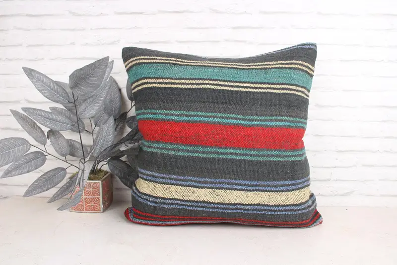 Vintage Kilim Pillow, Handmade Kilim Cushion, Handmade Rug Seat Pillow Sham, 24x24 Green Pillow Case, Boho Pillow, Pillow Cover - 1