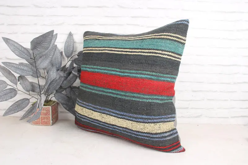 Vintage Kilim Pillow, Handmade Kilim Cushion, Handmade Rug Seat Pillow Sham, 24x24 Green Pillow Case, Boho Pillow, Pillow Cover - 4