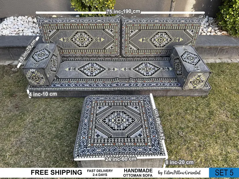 Gray Kilim-Inspired Wool Pouf, Handmade Turkish Comfort Pouf