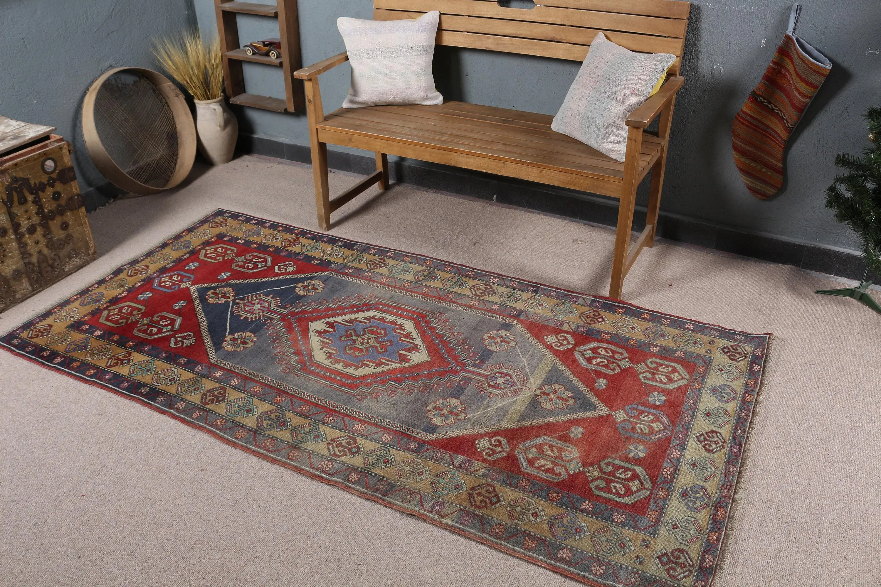 Vintage Turkish Rug 3.6x7.4 ft (110x226 cm), Red Blue Camouflage Rug - 1