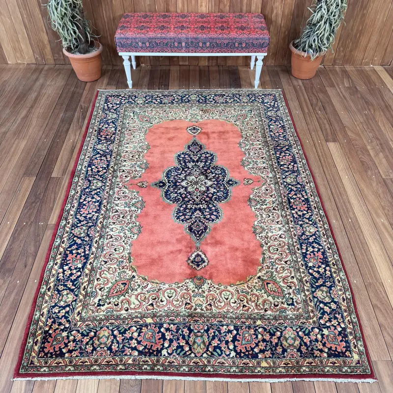 5.2x7.8 ft Large Turkish Vintage Rug, Blue Wool Rug - 1