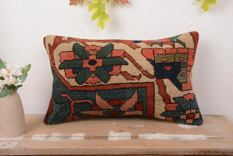 Blue Southwestern Embroidered Throw Pillow, Handmade Vintage Decor Pillow