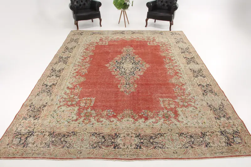 9.8x13.2 ft Oversize Vintage Turkish Rug, Red Striped Wool Rug - 1