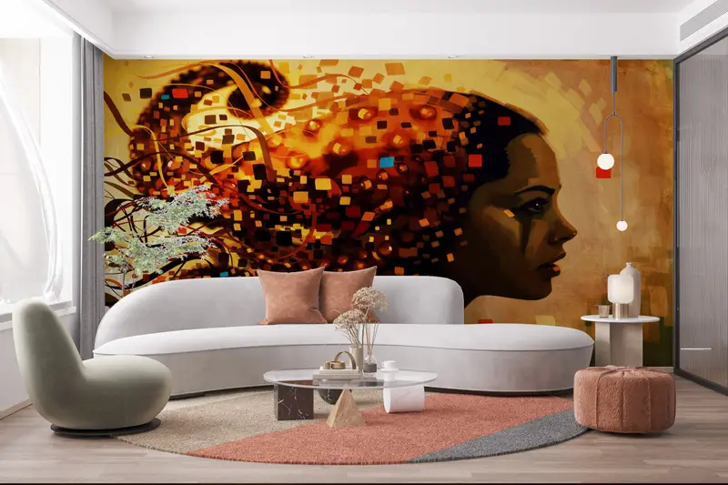 Moderne, abstrakte, bedruckte Tapete mit Frauenporträt für elegante Räume