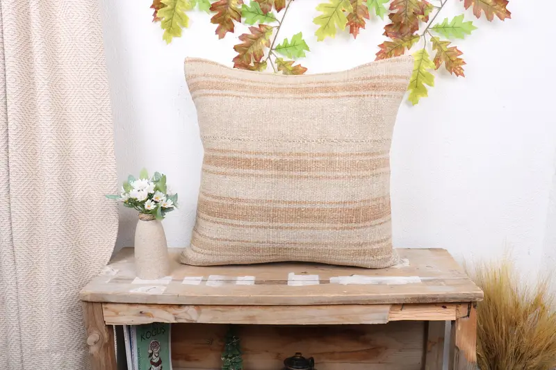 Ethnical Kilim Rug Pillow, Pillow for Couch, Vintage Pillow, Neutral Cushion Cover, Handwoven Pillow, Cushion Cover, 20x20 Beige Pillow - 1
