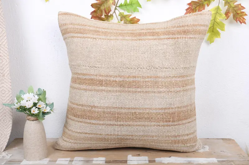 Ethnical Kilim Rug Pillow, Pillow for Couch, Vintage Pillow, Neutral Cushion Cover, Handwoven Pillow, Cushion Cover, 20x20 Beige Pillow - 2