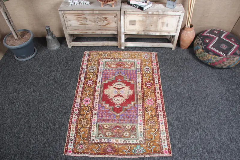 Vintage Türk Halısı, 3.5x4.9 ft Küçük Halı, Gökkuşağı Gökkuşağı Çiçekli Halı - 1