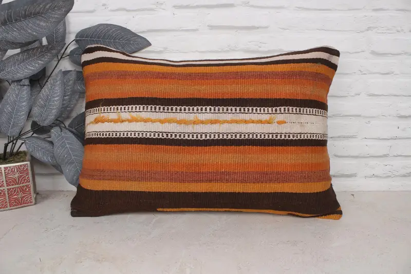 Cushion Case, Antique Pillows, Southwestern Cushion Case, Tribal Pillow, Turkish Kilim Pillow, Vintage Pillow, 16x24 Orange Pillow Case - 1