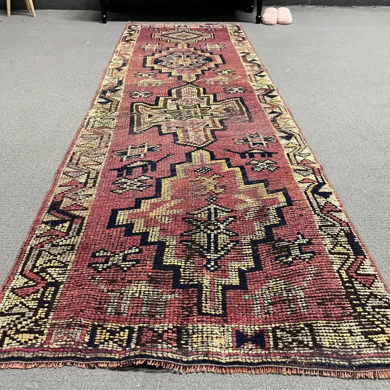 2.7x8.6 ft Runner Turkish Vintage Rug, Red Striped Wool Rug - 1