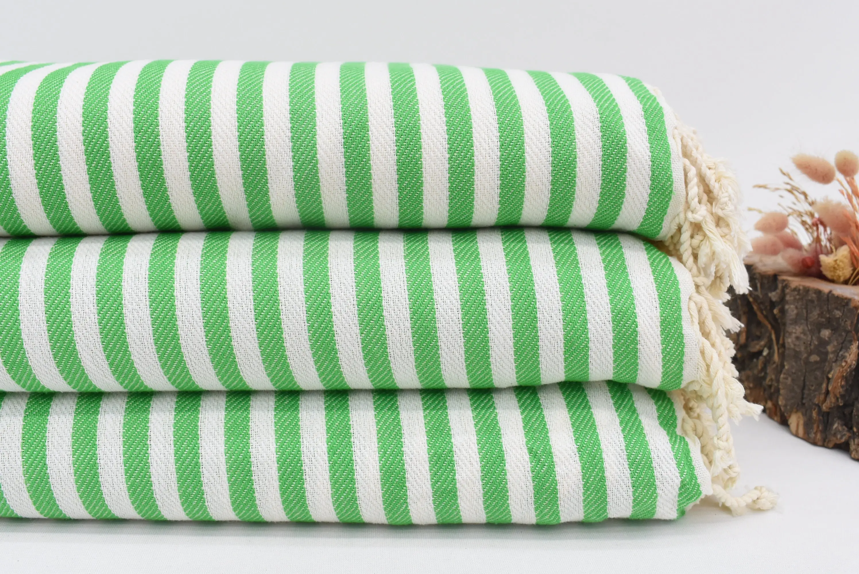 Light Green Striped Throw Organic Cotton Blanket, 103x75 Inches - 1