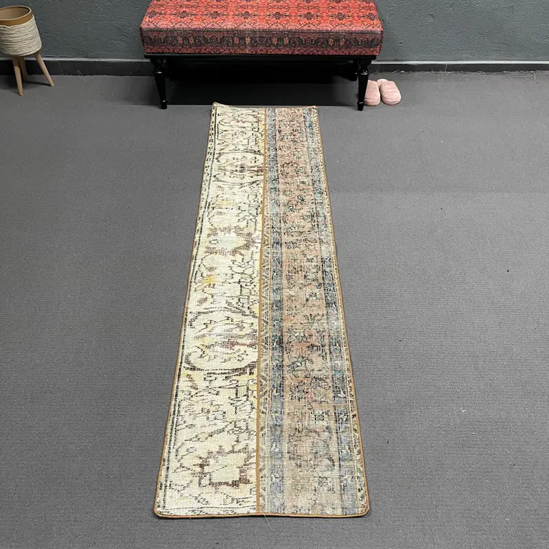 Vintage Turkish Rug, 1.9x7.4 ft Runner Rug, Brown Oushak Ikat Rug - 1