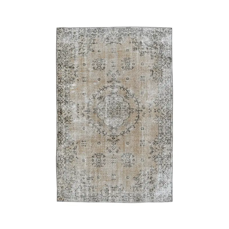 Vintage Turkish Rug, 5.5x8.5 ft Oushak Rug, Brown Gray Check Wool Rug - 1