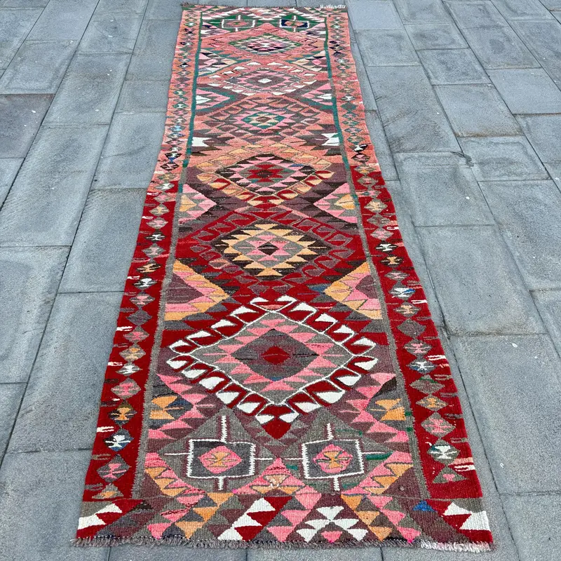 Kırmızı & Turuncu Halı, 3,1x10,2 ft Bordürlü Tasarım
