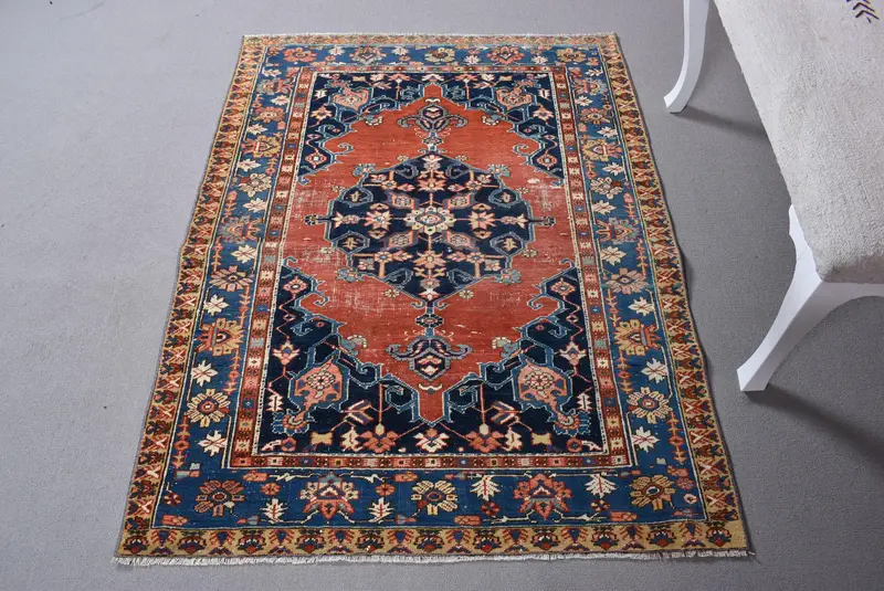 Alfombra del suroeste roja y azul, decoración elegante de 3,6x4,7 pies