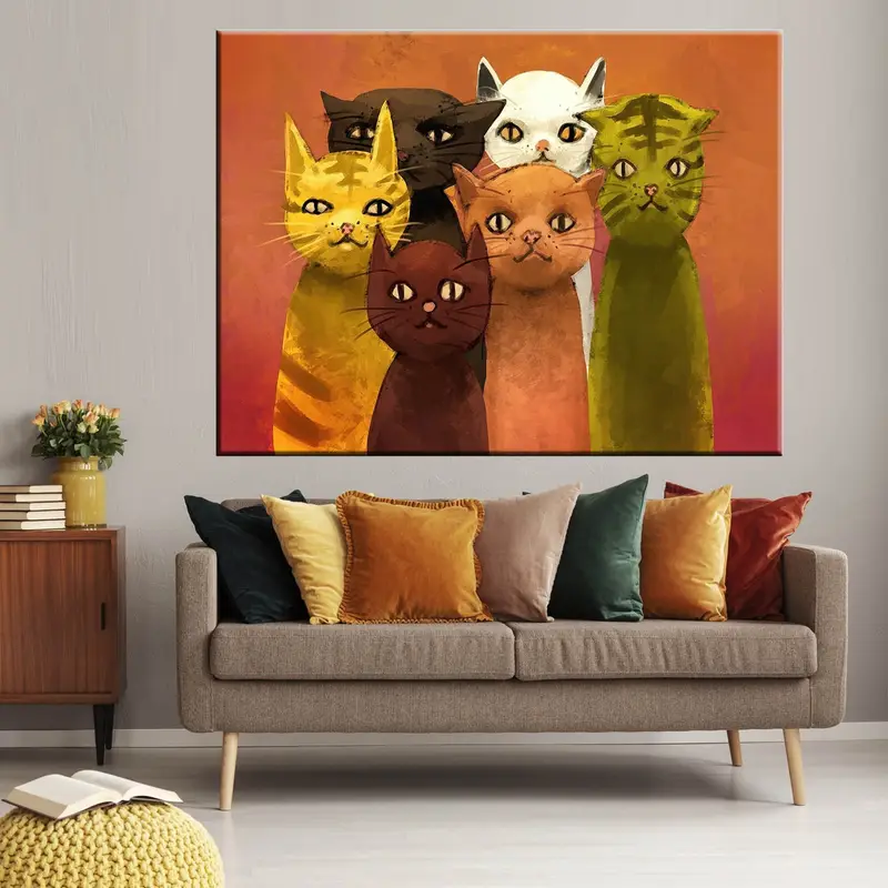 6匹の猫、かわいい猫のキャンバス、猫の壁アート、猫のポスター、猫の壁の装飾、猫の絵画、猫の印刷、動物の壁のアート、動物のキャンバス、抽象版 - 2
