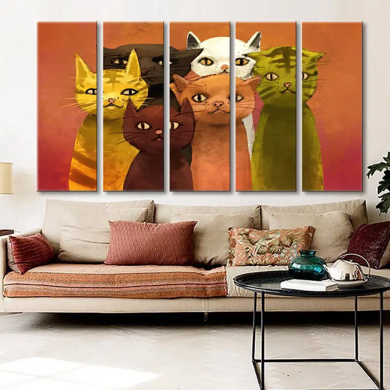 6匹の猫、かわいい猫のキャンバス、猫の壁アート、猫のポスター、猫の壁の装飾、猫の絵画、猫の印刷、動物の壁のアート、動物のキャンバス、抽象版 - 5