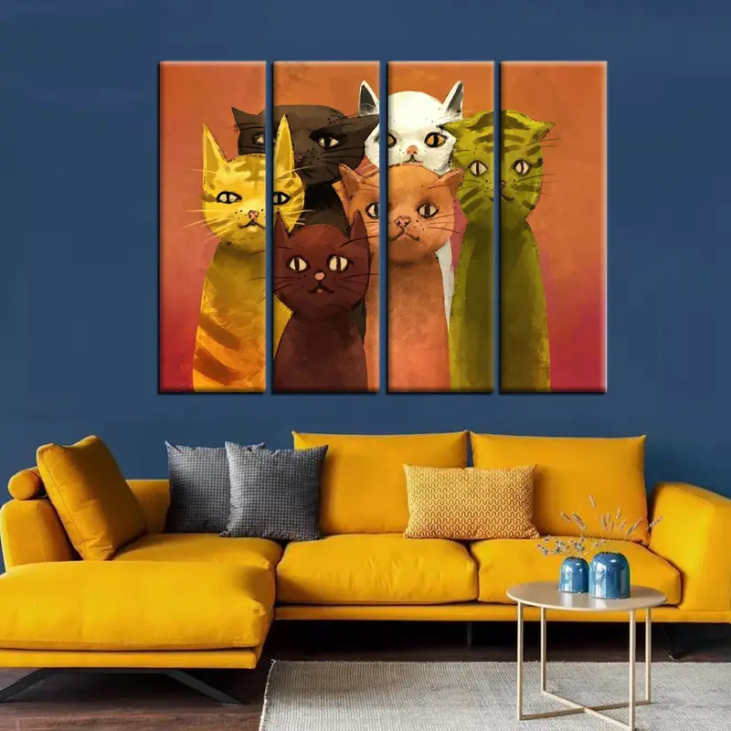 6匹の猫、かわいい猫のキャンバス、猫の壁アート、猫のポスター、猫の壁の装飾、猫の絵画、猫の印刷、動物の壁のアート、動物のキャンバス、抽象版 - 4