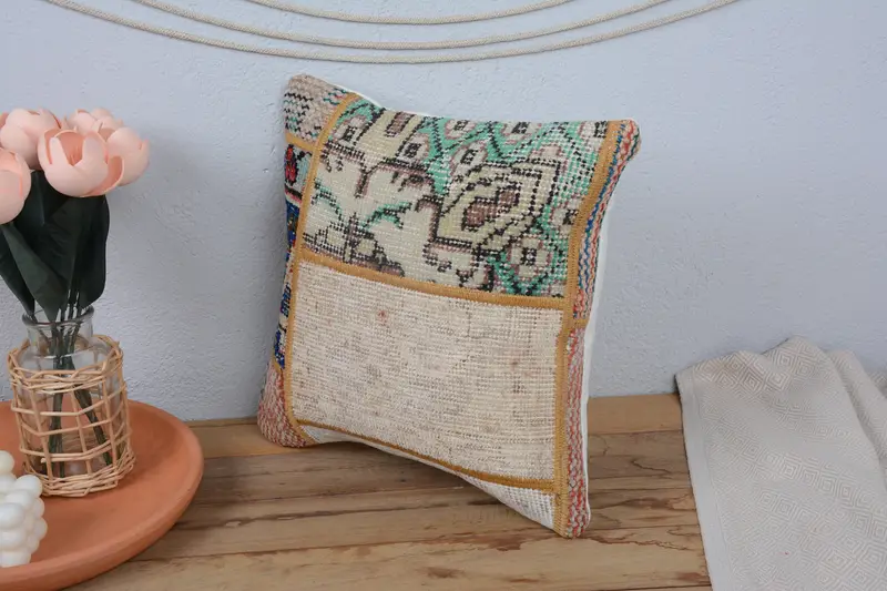 Turkish Kilim Pillow, Antique Pillows, Cushion, Pillow for Sofa, Accent Throw Cushion, 14x14 Beige Cushion Case, Southwestern Cushion Cover - 4