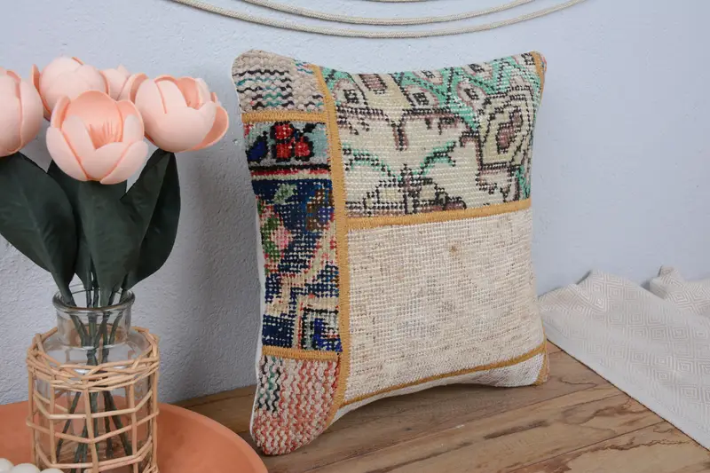 Turkish Kilim Pillow, Antique Pillows, Cushion, Pillow for Sofa, Accent Throw Cushion, 14x14 Beige Cushion Case, Southwestern Cushion Cover - 1
