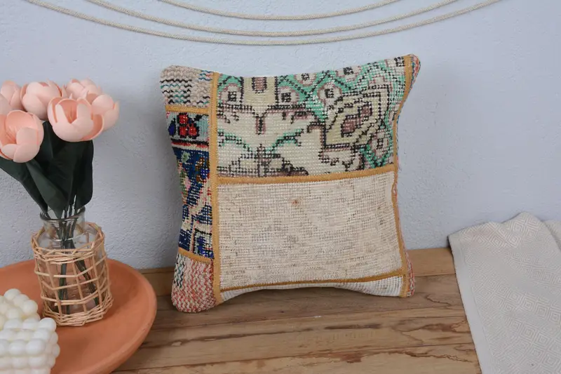 Turkish Kilim Pillow, Antique Pillows, Cushion, Pillow for Sofa, Accent Throw Cushion, 14x14 Beige Cushion Case, Southwestern Cushion Cover - 2