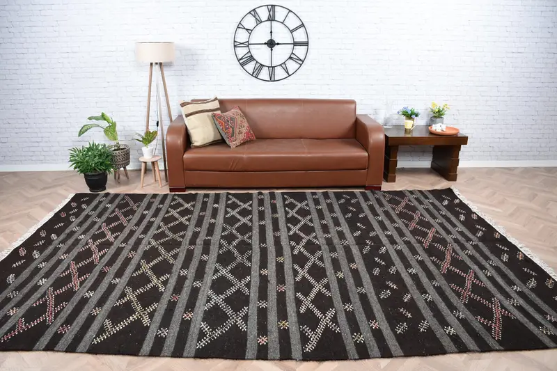 Vintage Halı, 7x11.6 ft Türk Halısı, Siyah Gri Çizgili Yün Halı - 1