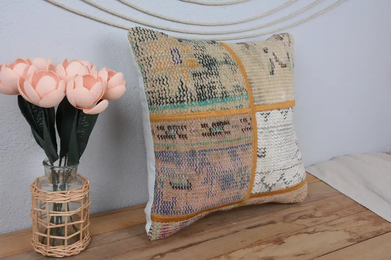 Turkish Pillow, Crochet Pattern Pillow, 16x16 Blue Cushion Case, Vintage Kilim Pillow, Handwoven Pillow Cover, Pillow, Kilim Pillow Cover - 1