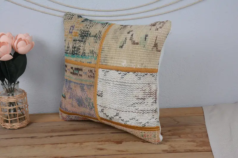 Turkish Pillow, Crochet Pattern Pillow, 16x16 Blue Cushion Case, Vintage Kilim Pillow, Handwoven Pillow Cover, Pillow, Kilim Pillow Cover - 4