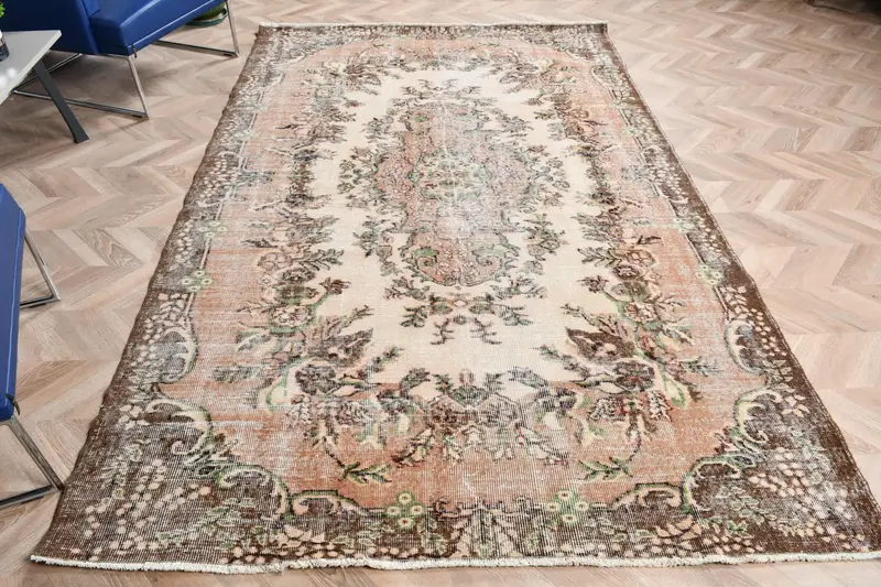 Türk Halısı, 5.8x9.3 ft Büyük Halı, Kahverengi Yeşil Oushak Yün Halı - 1
