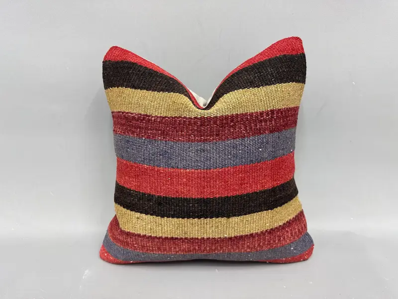 Almohada de tiro a rayas rojas y beige, almohada bordada vintage