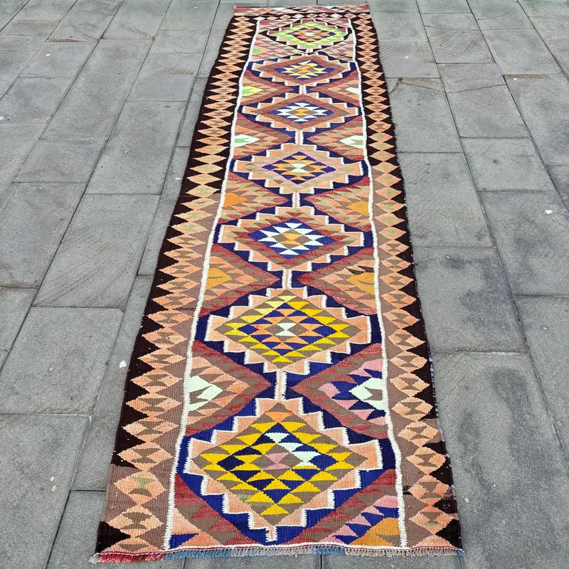 Turuncu ve Mor Kareli Halı, 2,7x10,4 ft Canlı Dekor