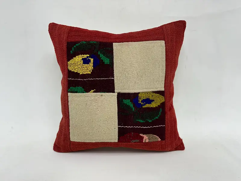 Beige & Red Embroidered Patchwork, 18x18 Inch Handmade Pillow
