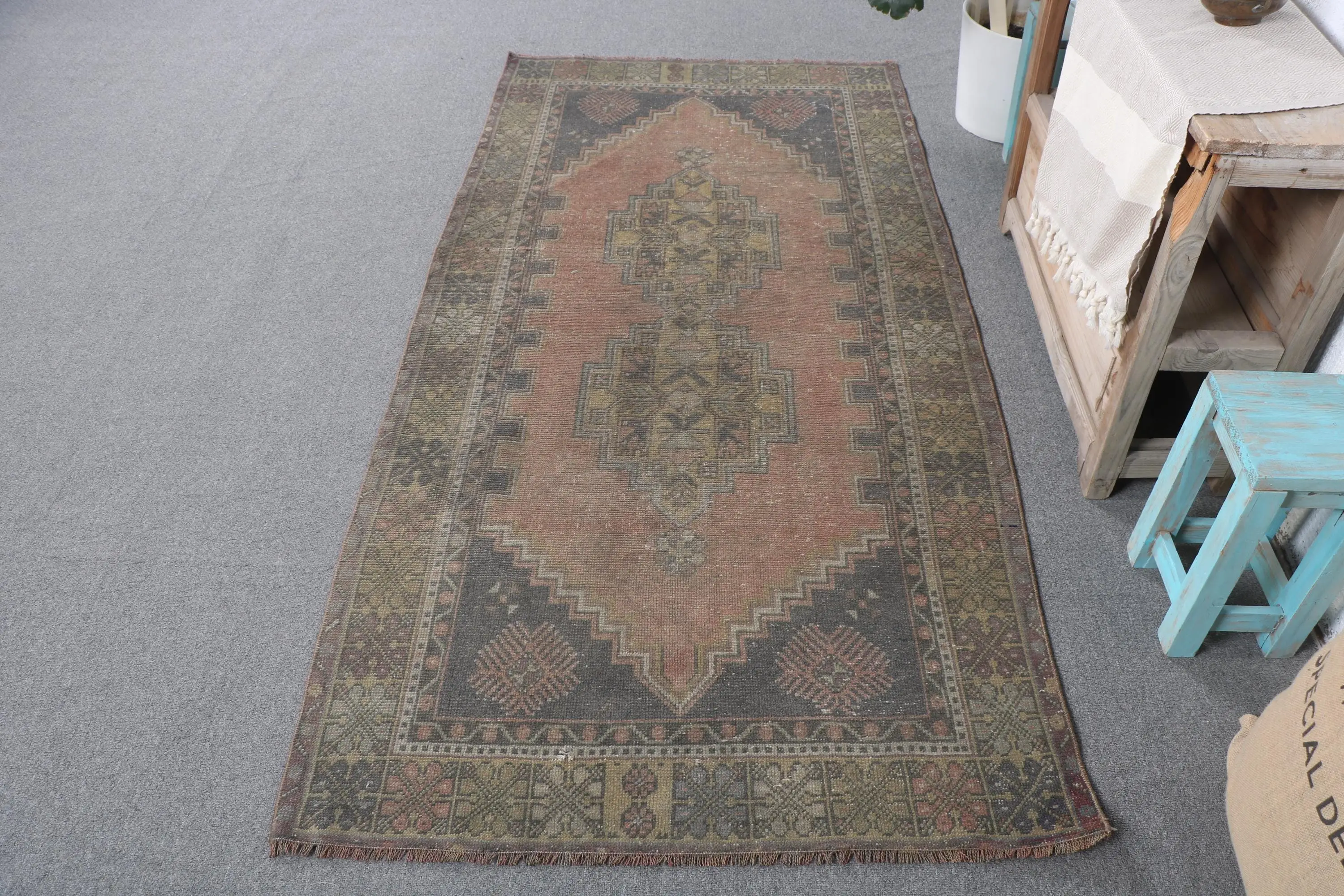 3.37x6.8 ft Vintage Rug, Brown Ombré Turkish Wool Rug - 1