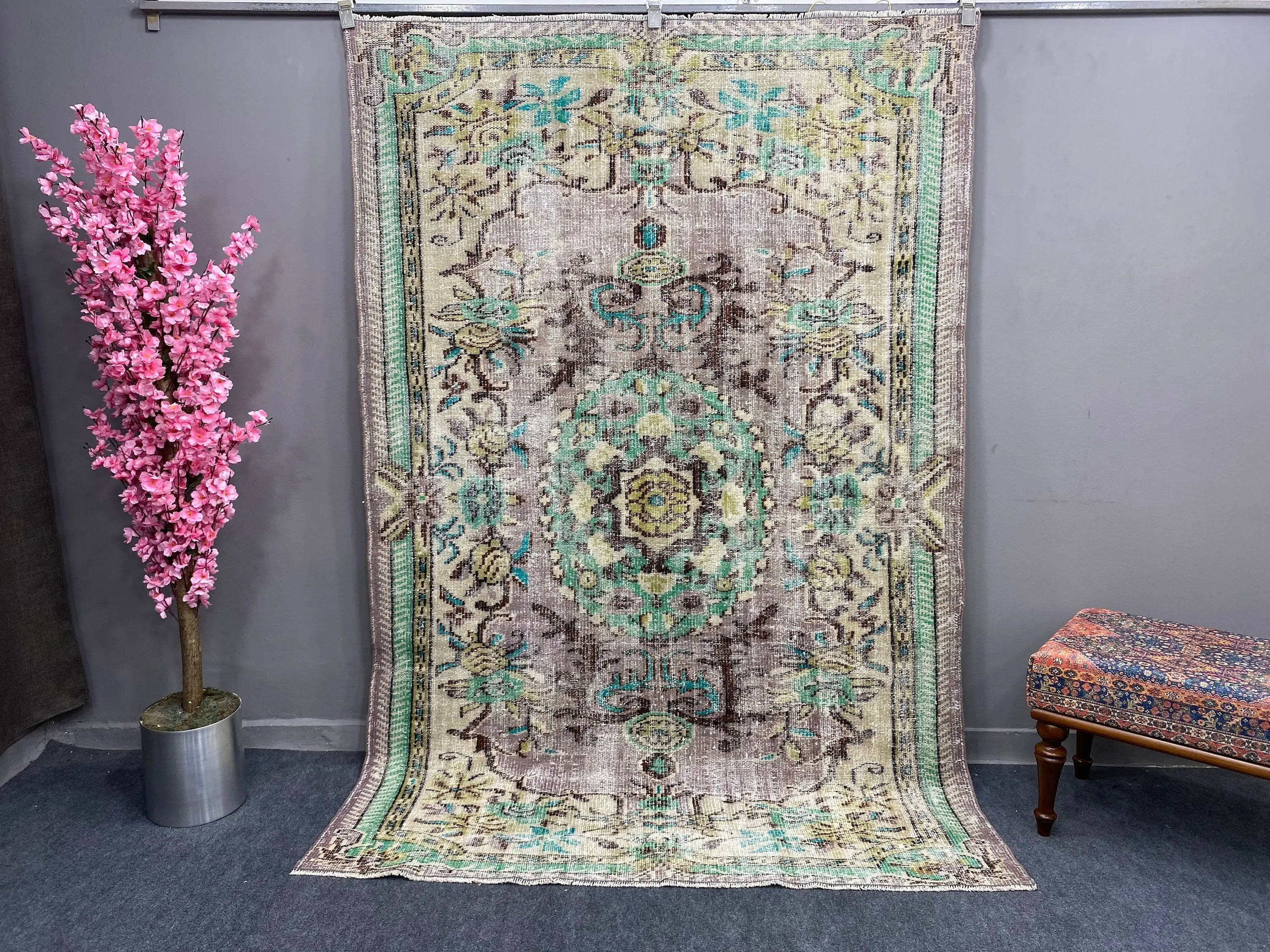 トルコヴィンテージラグ 158x239cm グリーンフローラルラグ - 1