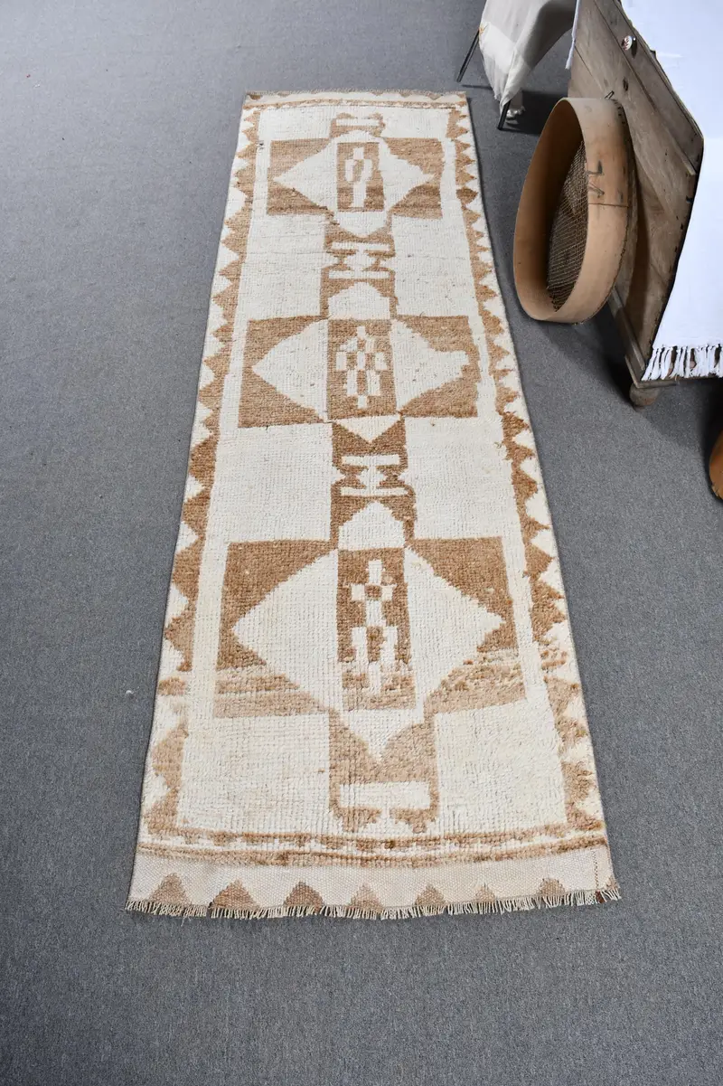 Vintage Herki Halı 2.8x9.7 ft (86x296 cm), Beyaz Türk Halısı - 1
