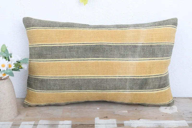 Pillow for Couch, Ethnical Kilim Rug Pillow, Cushion Cover, Customized Cushion Cover, 12x20 Yellow Pillow, Vintage Kilim Pillow - 2