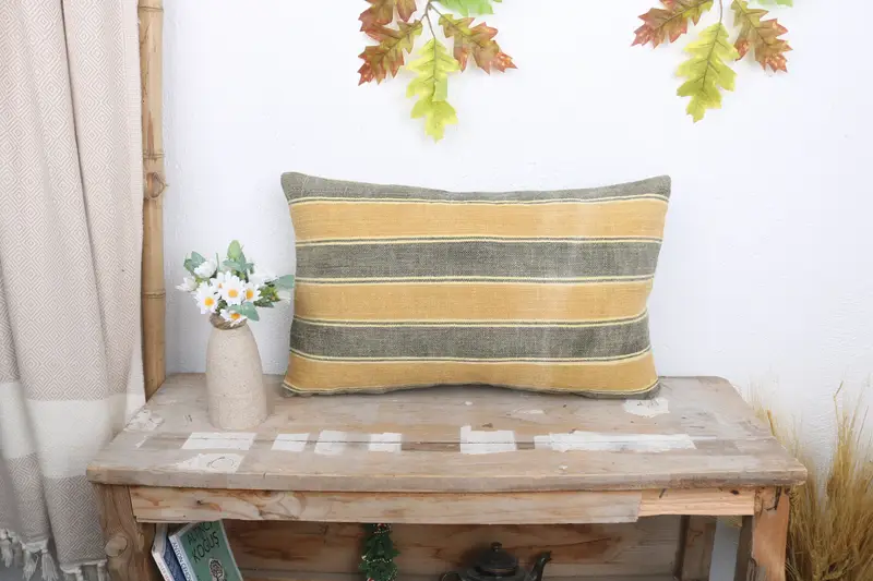Pillow for Couch, Ethnical Kilim Rug Pillow, Cushion Cover, Customized Cushion Cover, 12x20 Yellow Pillow, Vintage Kilim Pillow - 1