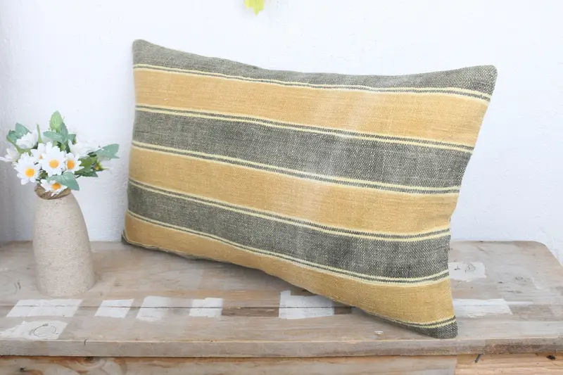 Pillow for Couch, Ethnical Kilim Rug Pillow, Cushion Cover, Customized Cushion Cover, 12x20 Yellow Pillow, Vintage Kilim Pillow - 4