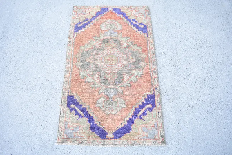 1.7x3 ft Halı, Vintage Türk Halısı, Turuncu Mavi Katı Yün Halı - 1