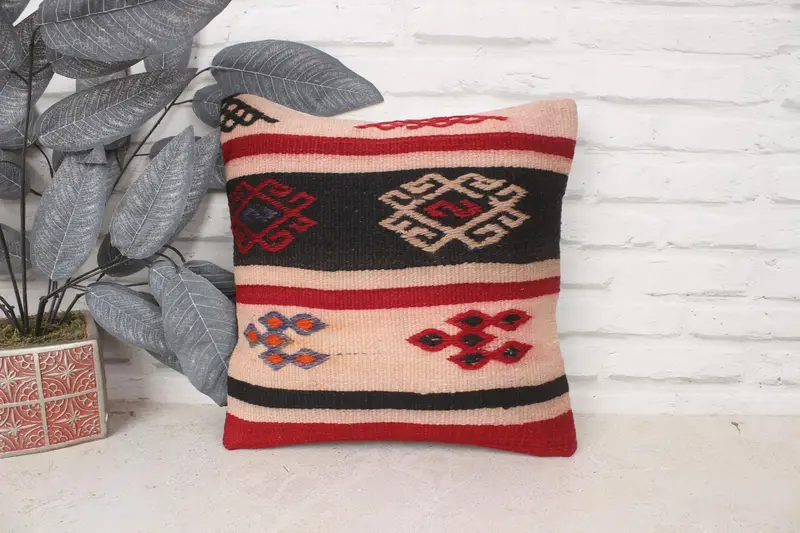 Pet Pillow Cover, Patio Cushion Case, Throw Kilim Pillow, 14x14 Red Cushion, Cushion Cover, Ethnical Kilim Rug Pillow, Turkish Pillow - 1