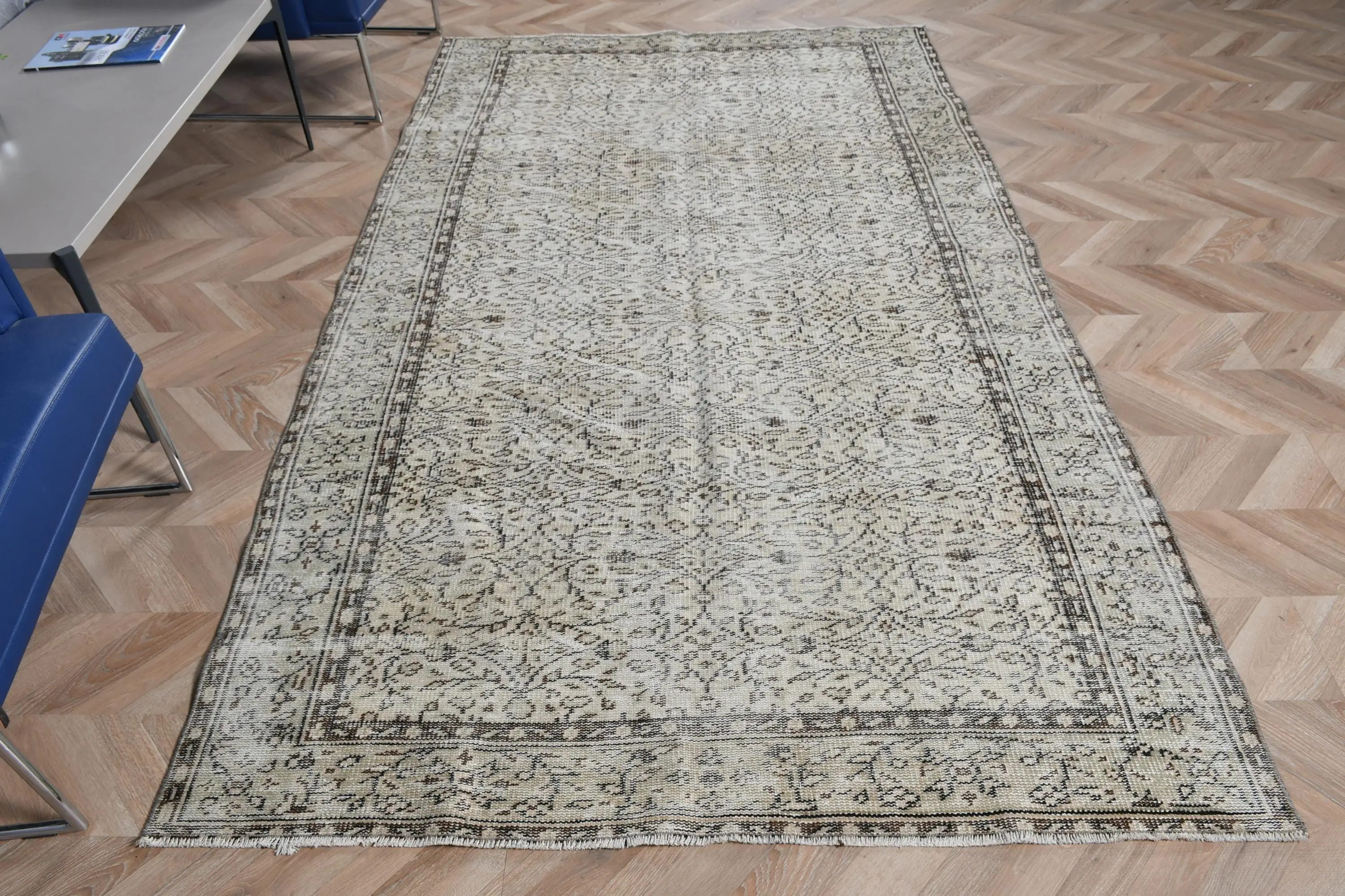 5.1x9 ft Türk Halısı, Vintage Büyük Halı, Gri Çiçekli Yün Halı - 1