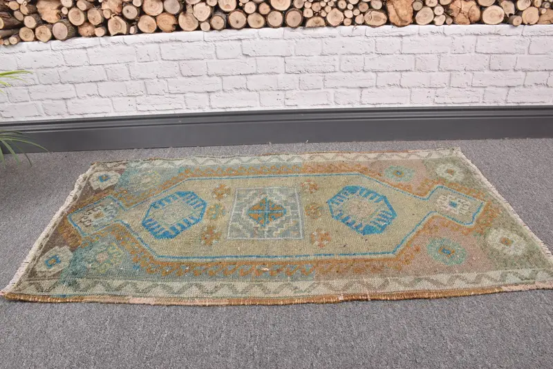 Türkischer Vintage Oushak Teppich 1,7x3,2 Fuß, blauer kleiner orientalischer Wollteppich - 1