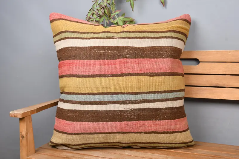 Brown & Pink Striped Throw Pillow, Vintage Embroidered Cushion