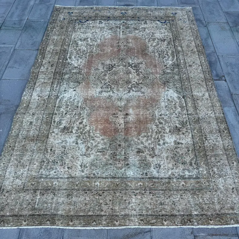 Turkish Oushak Rug 6.5x9.4 ft (199x286 cm), Brown Southwestern Vintage Rug - 1
