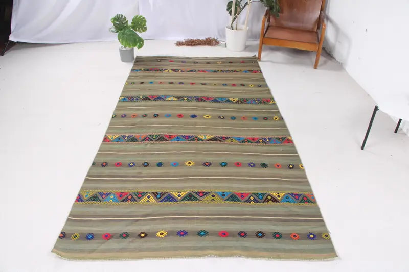 Green & Yellow Rug, 4,5x8,9 ft Geometric Floral Design